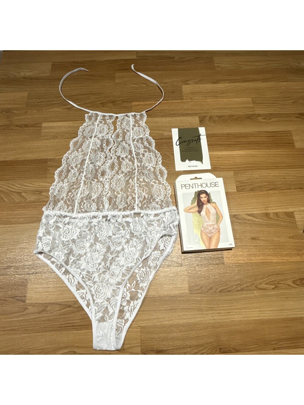 Penthouse Lingerie High neck deep plunge teddy Keyhole L/XL new lace
